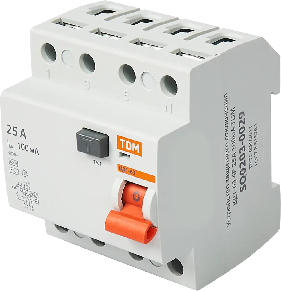 УЗО TDM Electric ВД1-63 4P 25А с защитой от токов утечки 84399448