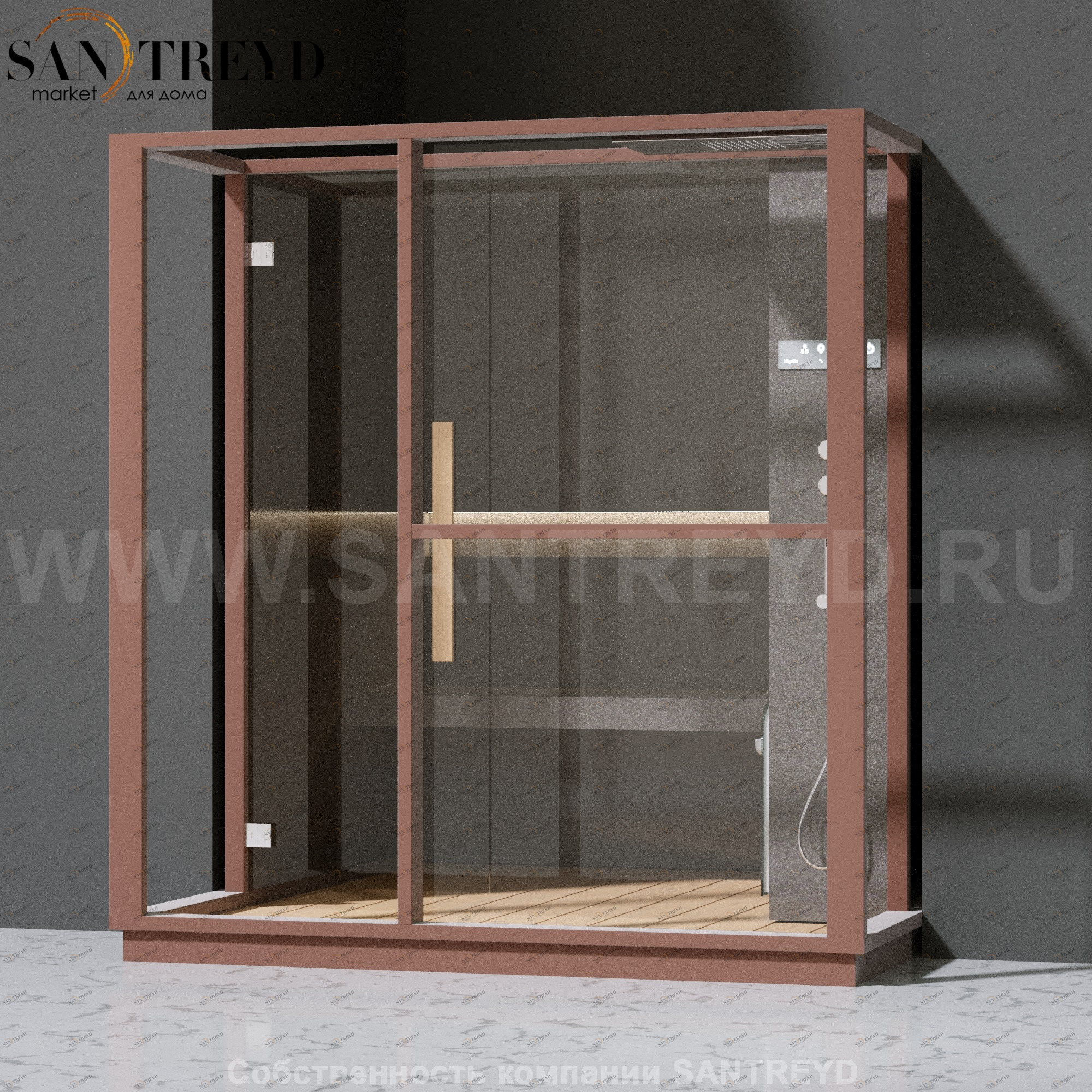 Effegibi LOGICA H LO30030011 Хаммам. Установка: в полунишу. Правая дверь. Мощность: 4,5 кВт макс. Размеры: длина 214 см, ширина 250 см. Отделка: матовый лакированный коричневый аллюминий и темный ламинат из керамогранита.