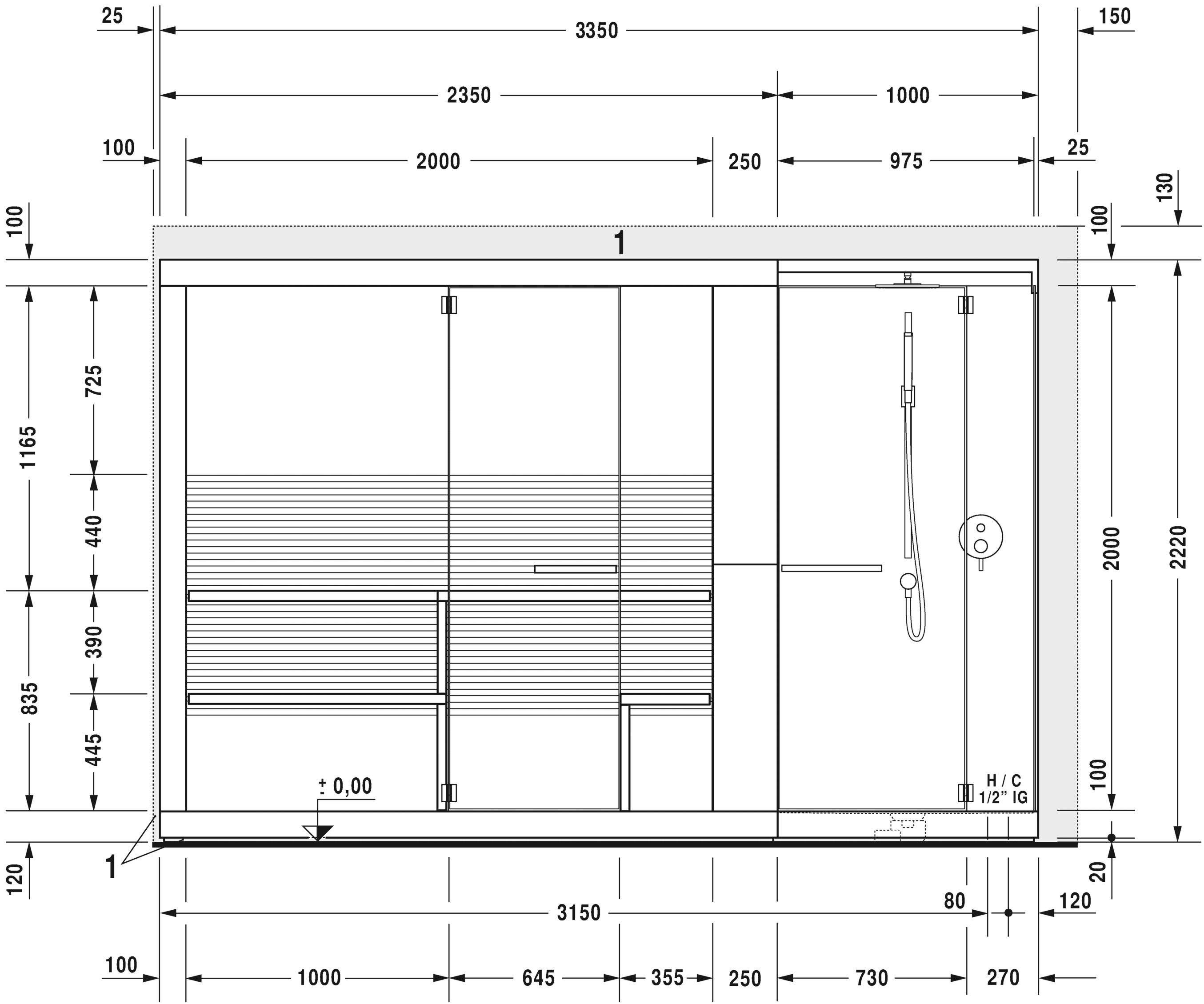 7507..002011000 Сауна Inipi Ama, пристенный и угловой вариант Inipi #7507 3350 x 1170 x 2220 мм Белый глянцевый декор Duravit  - Вид №6
