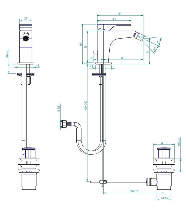Смеситель для биде для пола с подающим шлангом Zazzeri 100 ARCH-00143939