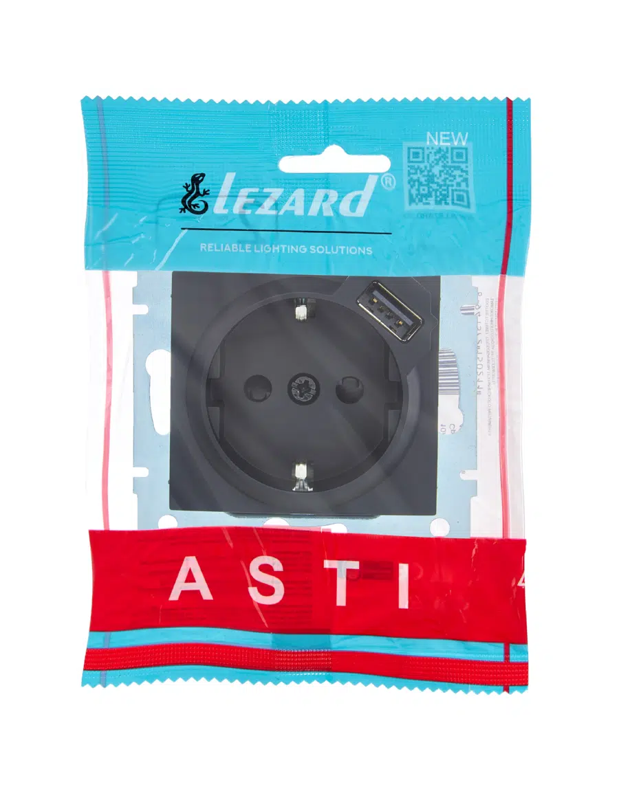ASTI Розетка с/з + USB разъём чёрный бархат механизм LEZARD 7081-4288-181 - Вид №3
