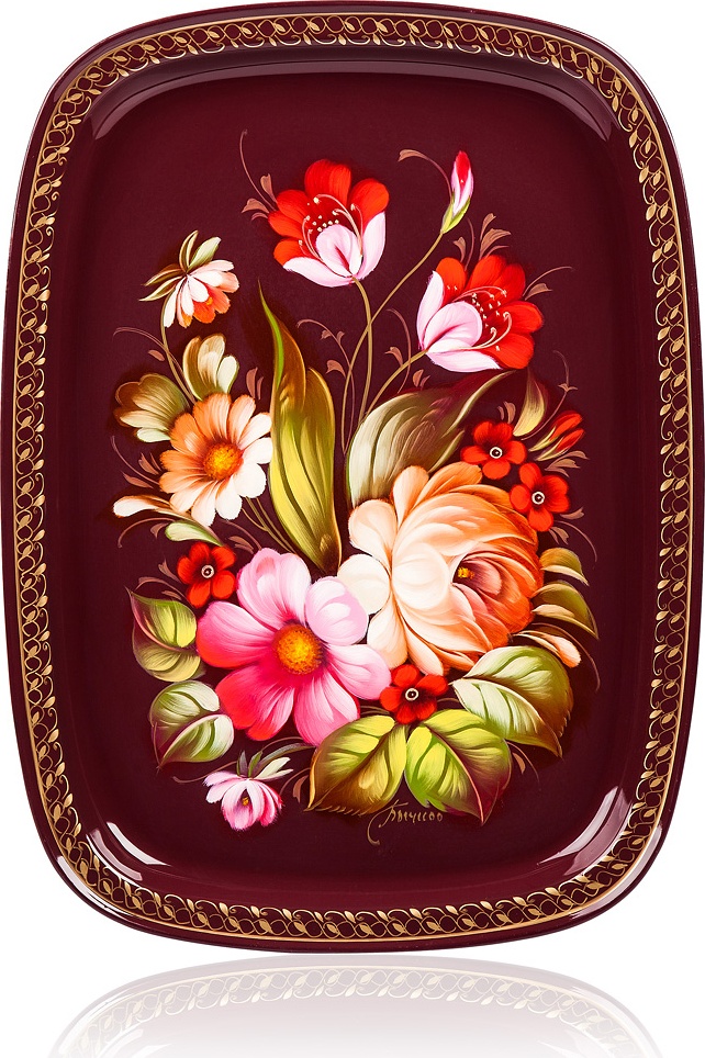 10618042 Жостовская фабрика декоративной росписи Поднос 33х24см НХПР "Цветы" Сталь 