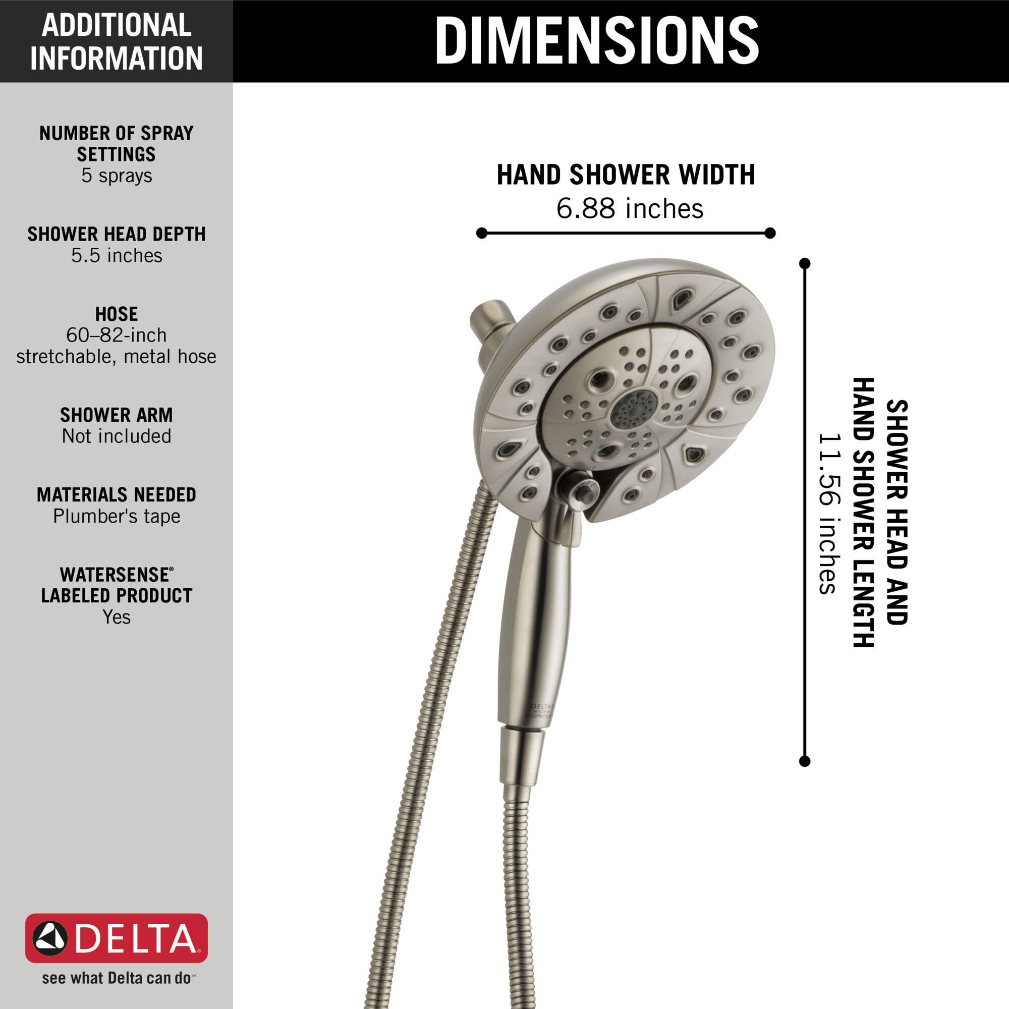 H2Okinetic® In2ition® Душ два в одном с 5 настройками Delta Faucet 58480-SS-PK - Вид №8