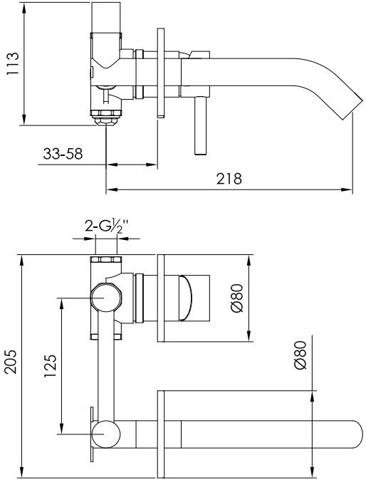 JEE-O Смеситель для умывальника настенный из нержавеющей стали на 2 отверстия Slimline 800-1500/3/4 - Вид №6
