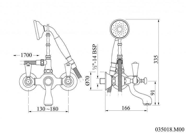 Bronces Mestre Настенный смеситель для ванны с ручным душем Retro 035018.m00.30 - Вид №1