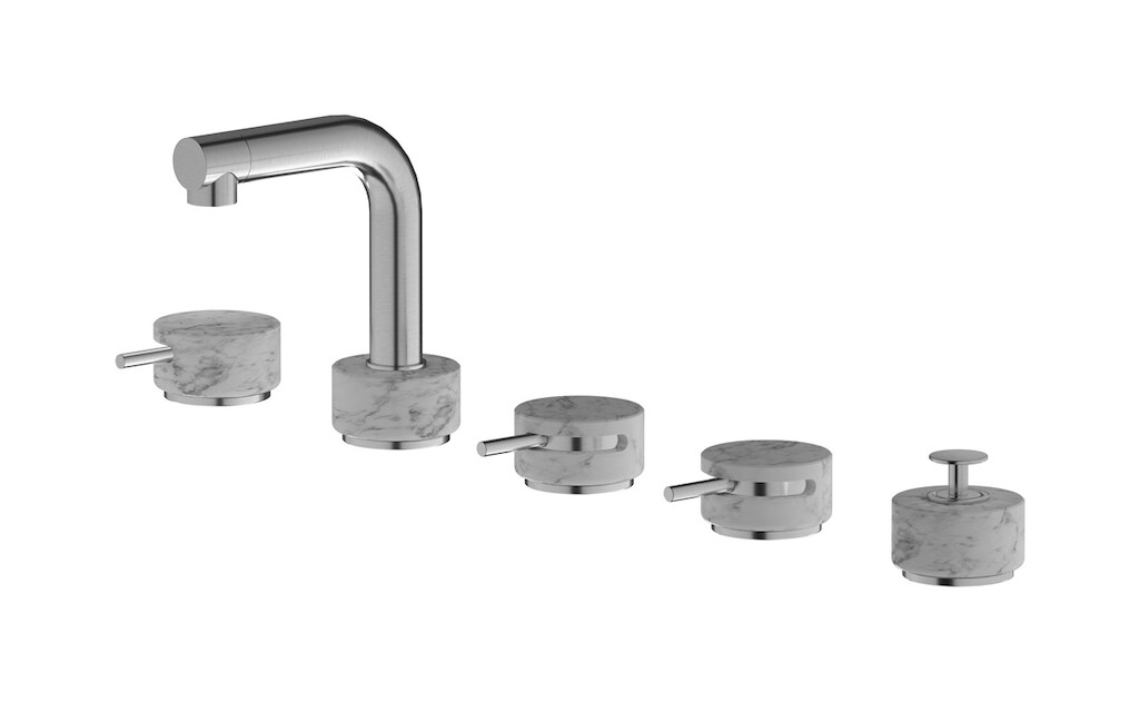 Смеситель на бортик ванной на 5 отверстий с дивертером и душевым гарнитуром. WE ARE IB mm396ss_1 Brushed Nickel Marmo