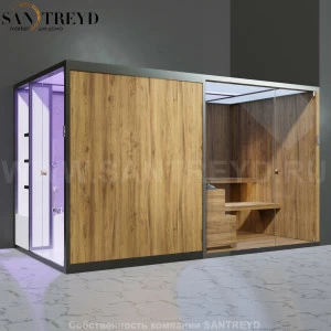 Effegibi BODYLOVE SH BL45210001 Боковая комбинированная баня: хаммам и сауна. Установка: в правый угол. Мощность: 15 кВт макс. Размеры: длина 393 см, ширина 176 см. Отделка: термообработанная древесина, светлый керамогранит и гладкая термообработанная дре