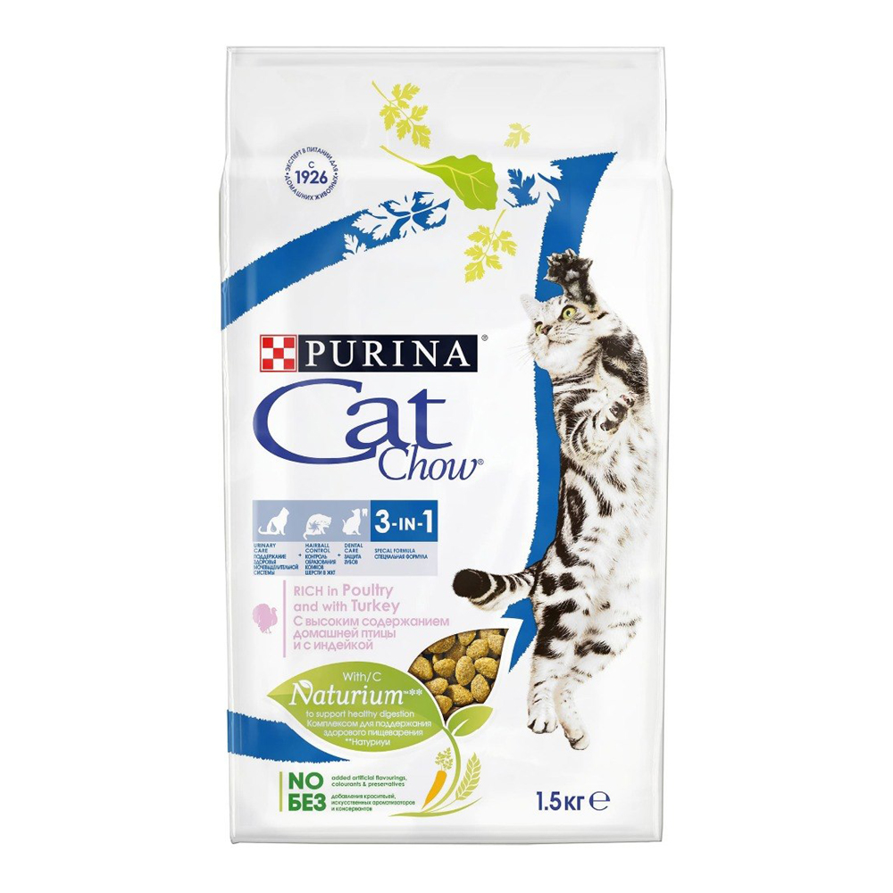 ПР0022900 Корм для кошек 3 в 1 домашняя птица с индейкой, сух. 1,5 кг Cat Chow 