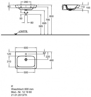 121960000 Подвесная раковина настенная прямоугольная Keramag  - Вид №5