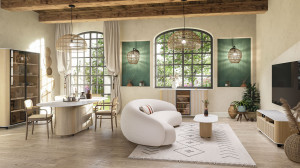 Дубовый ТВ-шкаф с распашными дверцами и столешницей из смолы