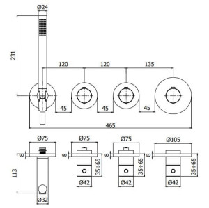 Термостатический смеситель для душа с 4 отверстиями