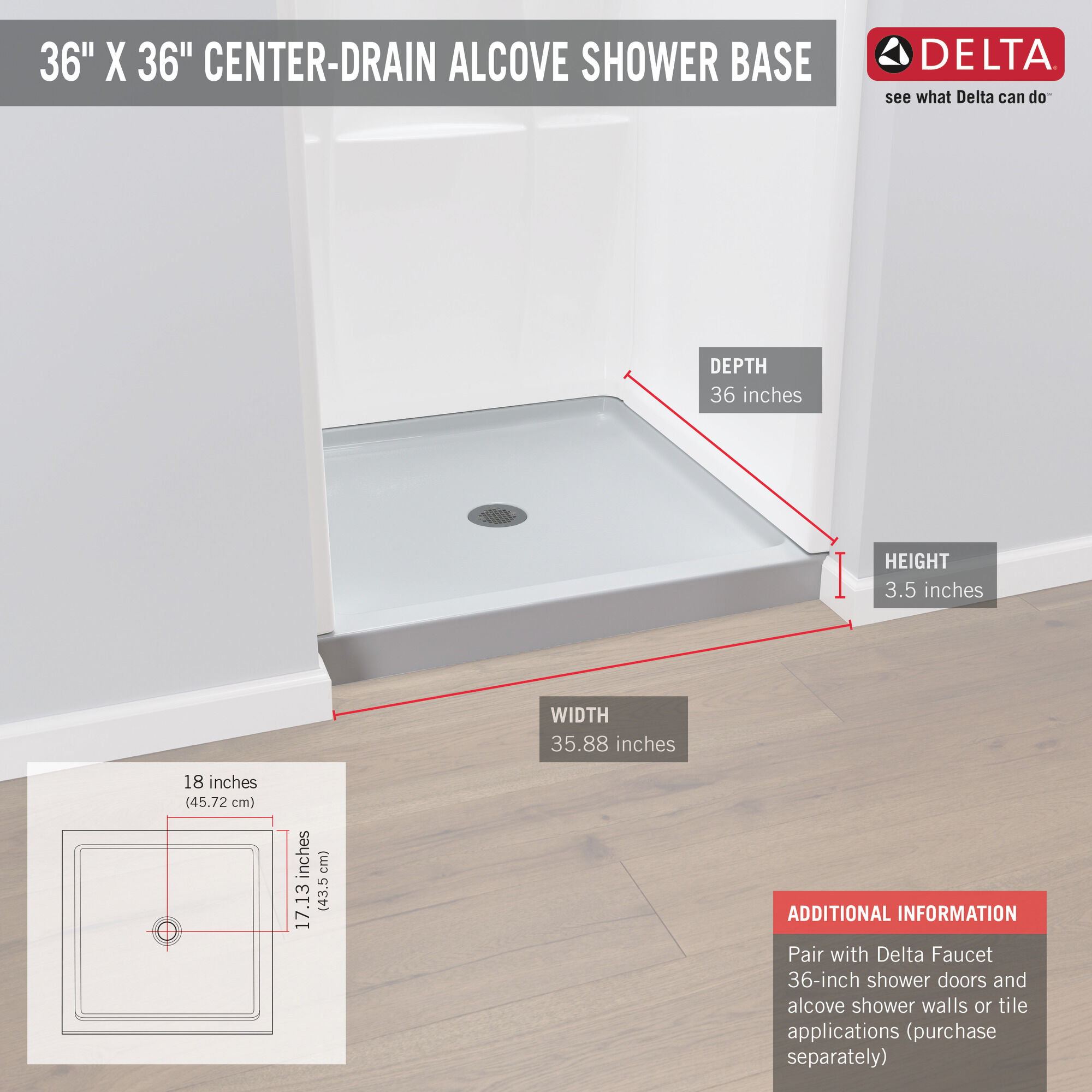 Основание для душа ProCrylic ™ 36 "x 36" Delta Faucet B78615-3636-WH - Вид №2