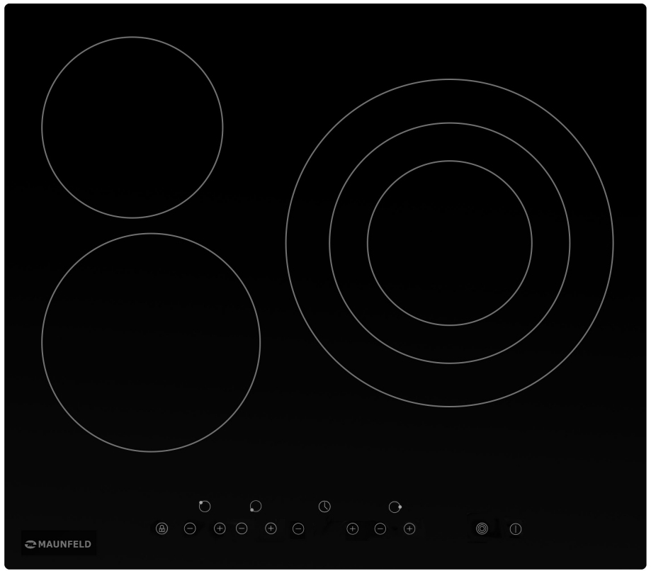 EVCE.593.T-BK Электрическая панель / электрическая, тип: электрическая 60см , стеклокерамика, 3 конфорки, особенности: индикация ступени нагрева (от 0 до 9), таймер приготовления, таймер минутный, индикатор остаточного тепла, замок от детей, блокировка вс Santreyd 