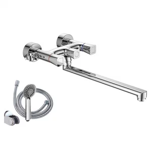 Orange Fenix M31-211cr двухвентильный смеситель для ванны/душа с длинным поворотным изливом 350 мм, керамичеким дивертором и душевыми аксессуар Хром