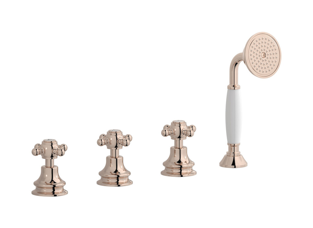 Смеситель на бортик ванной на 4 отверстия с изливом, дивертером и душевым гарнитуром. WE ARE IB hr397rs Rose Gold Hermes