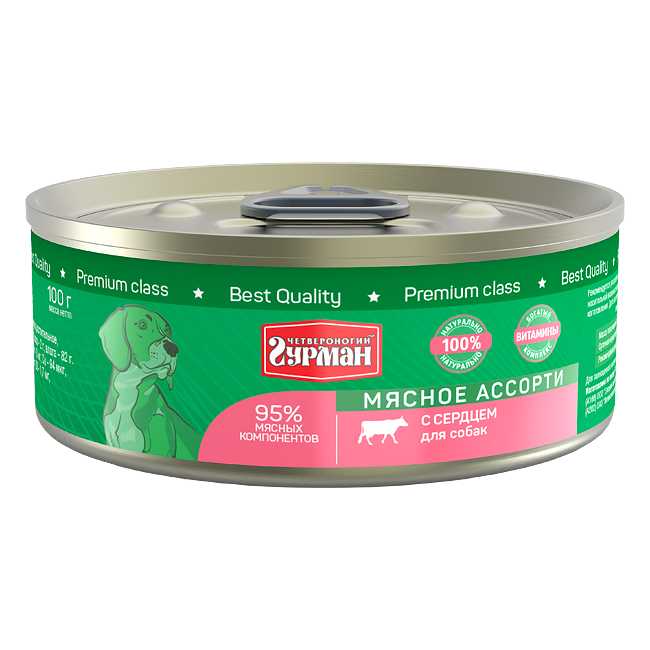 Т0055555*24 Корм для собак Мясное ассорти сердце с кольцом конс. 100г (упаковка - 24 шт) ЧЕТВЕРОНОГИЙ ГУРМАН 