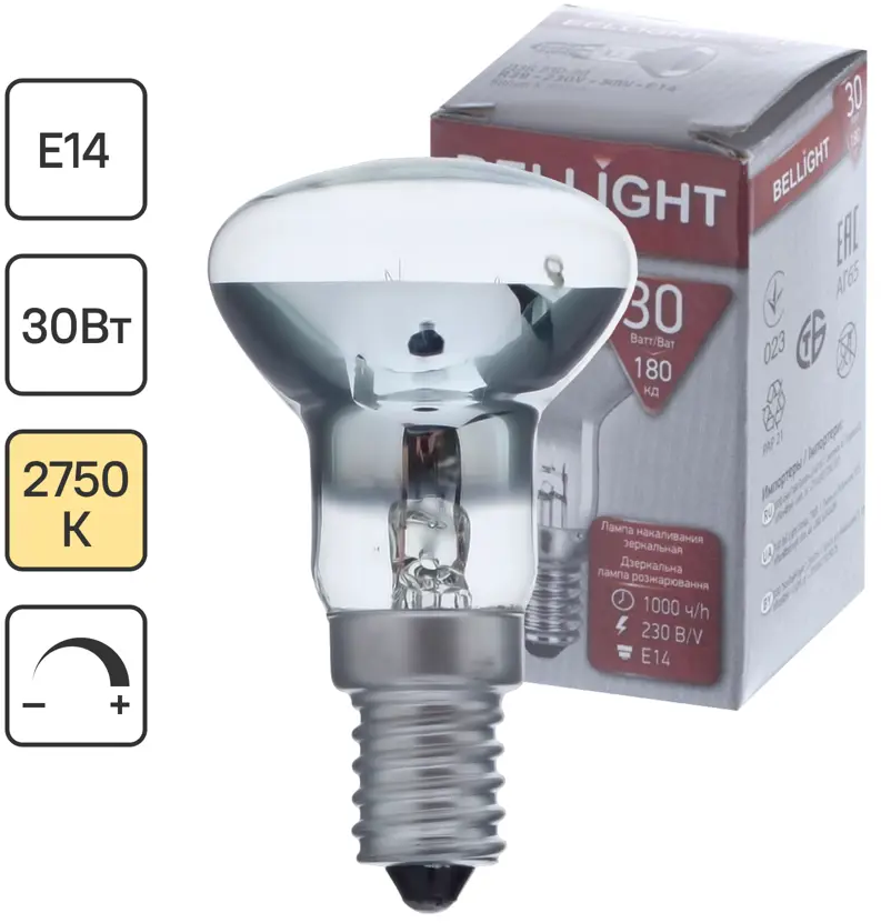 BELLIGHT Лампа накаливания E14 30Вт теплый свет для интерьерного освещения 13818186