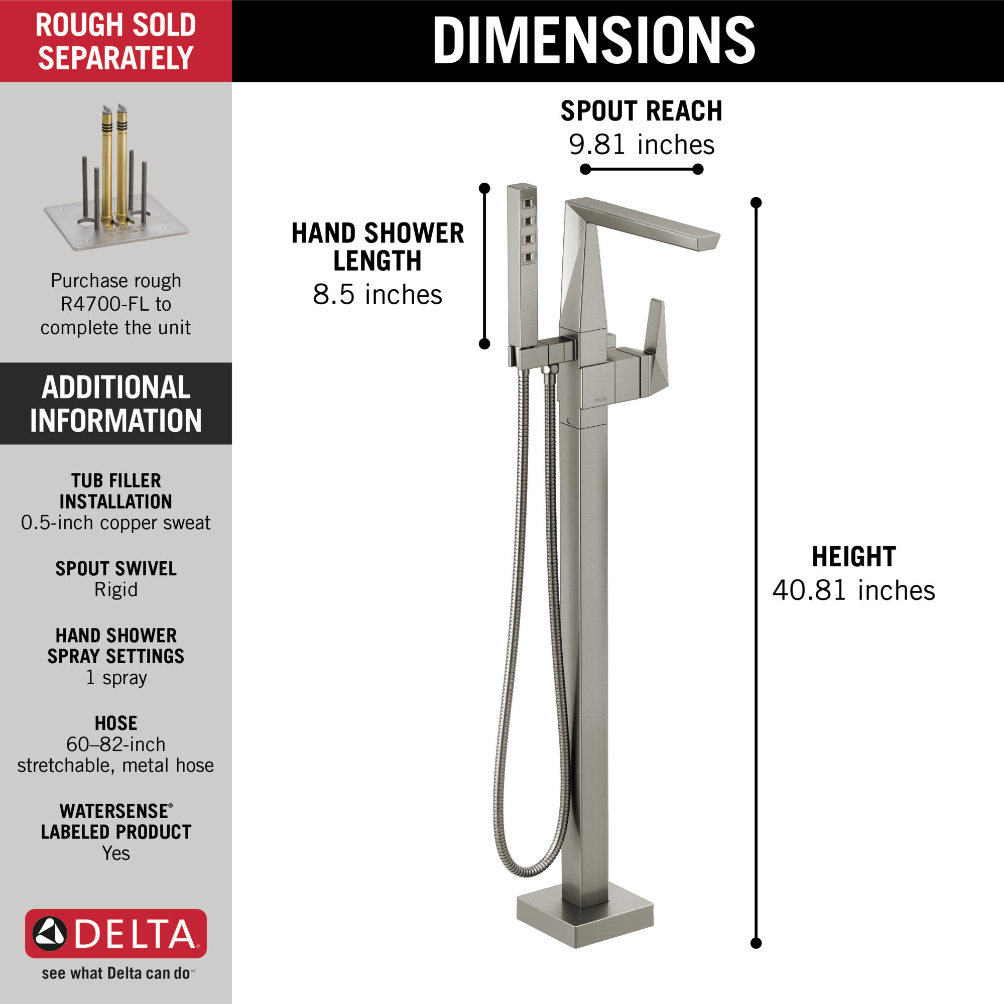 Накладка наполнителя ванны на полу с одной ручкой Delta Faucet T4777-SSFL - Вид №3