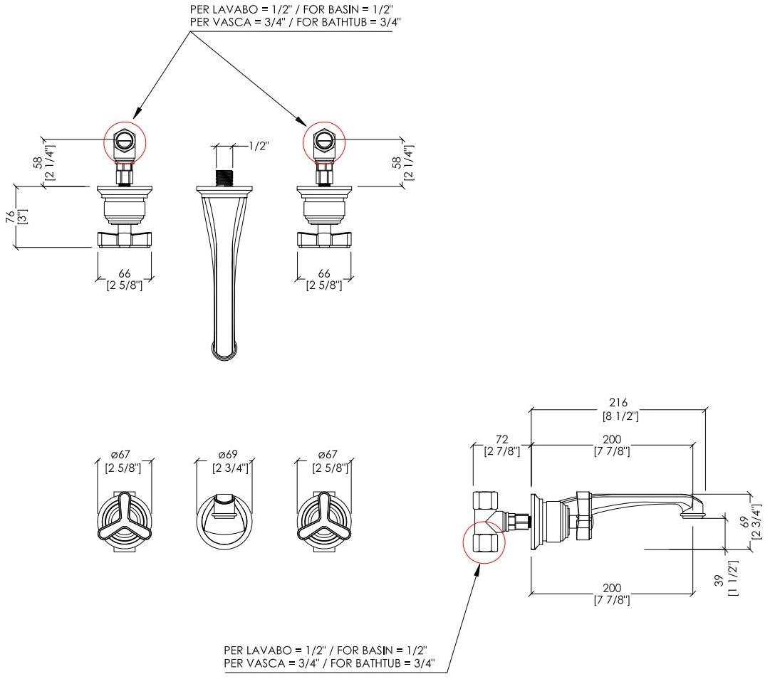 Devon&Devon Смеситель для умывальника настенный на 3 отверстия Tribeca Trb533cr - Вид №1