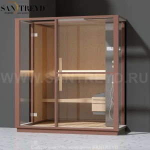 Effegibi LOGICA S LO20030011 Сауна. Установка: в полунишу. Правая дверь. Мощность: 6 кВт макс. Размеры: длина 214 см, ширина 250 см. Отделка: канадский хемлок, матовый лакированный коричневый аллюминий и темный ламинат из керамогранита.