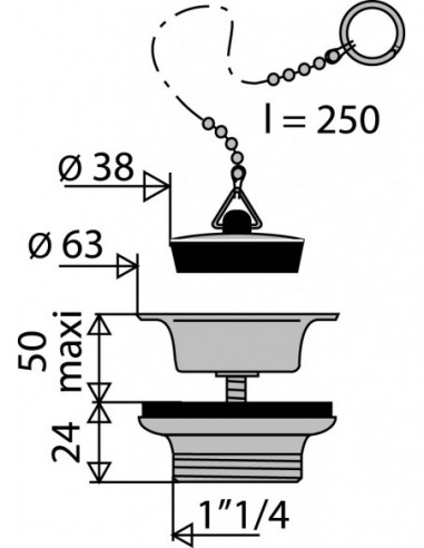 115500 000 00  Ситечко для мойки с цепным стопором, диам. 38 мм, зажим 5/50 мм, латунь, нержавеющая сталь Valentin Хром  - Вид №2