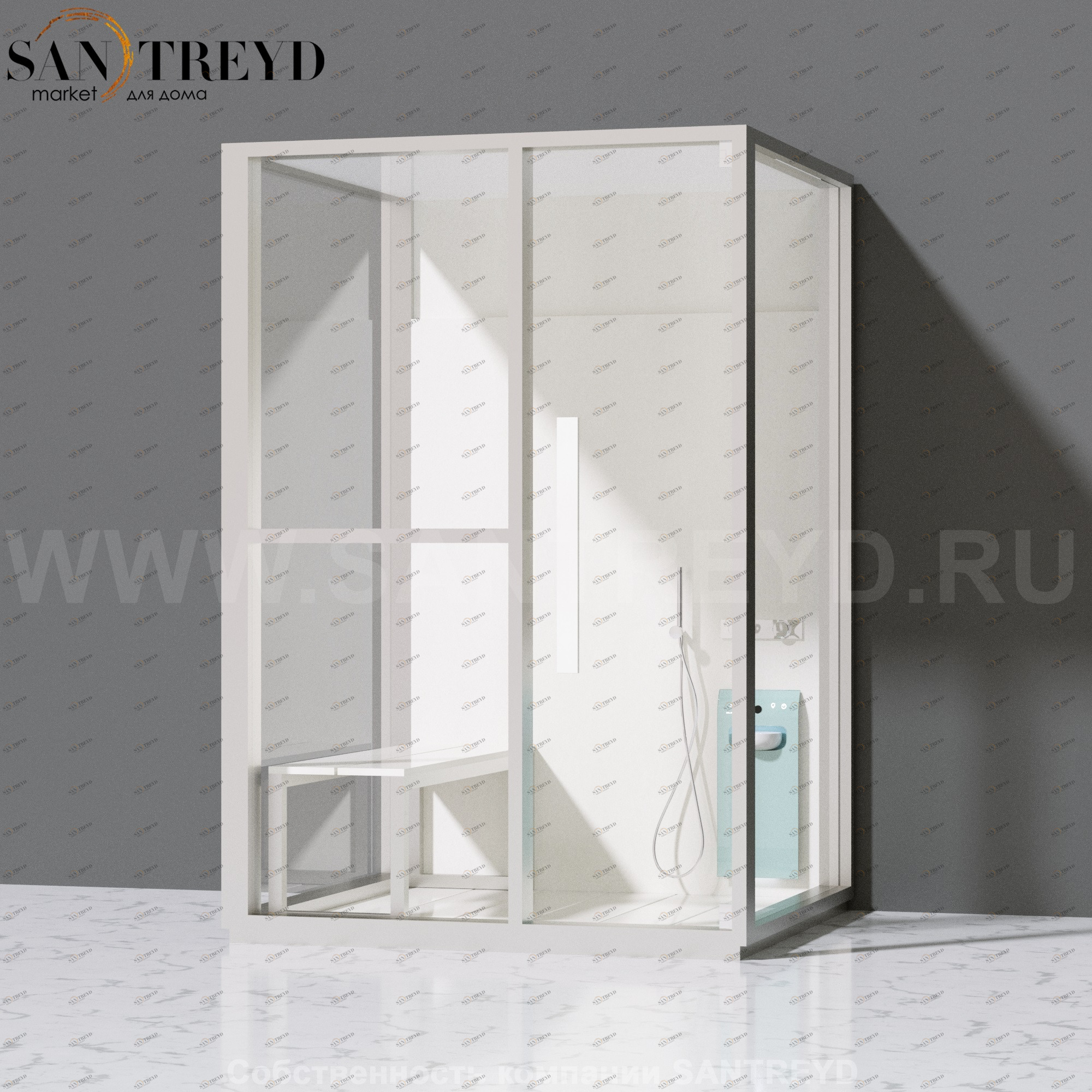 Effegibi H MEDIUM LO81020002 Комбинированная баня: хаммам и душ. Установка: к стене. Левая дверь. Мощность: 3 кВт макс. Размеры: длина 152 см, ширина 102 см. Отделка: матовый лакированный белый аллюминий и серый ламинат из керамогранита.