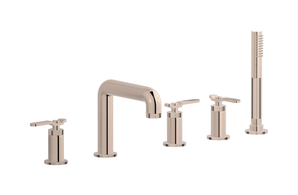 Смеситель на бортик ванной на 5 отверстий с дивертером и душевым гарнитуром. WE ARE IB b2396rs Rose Gold Bold