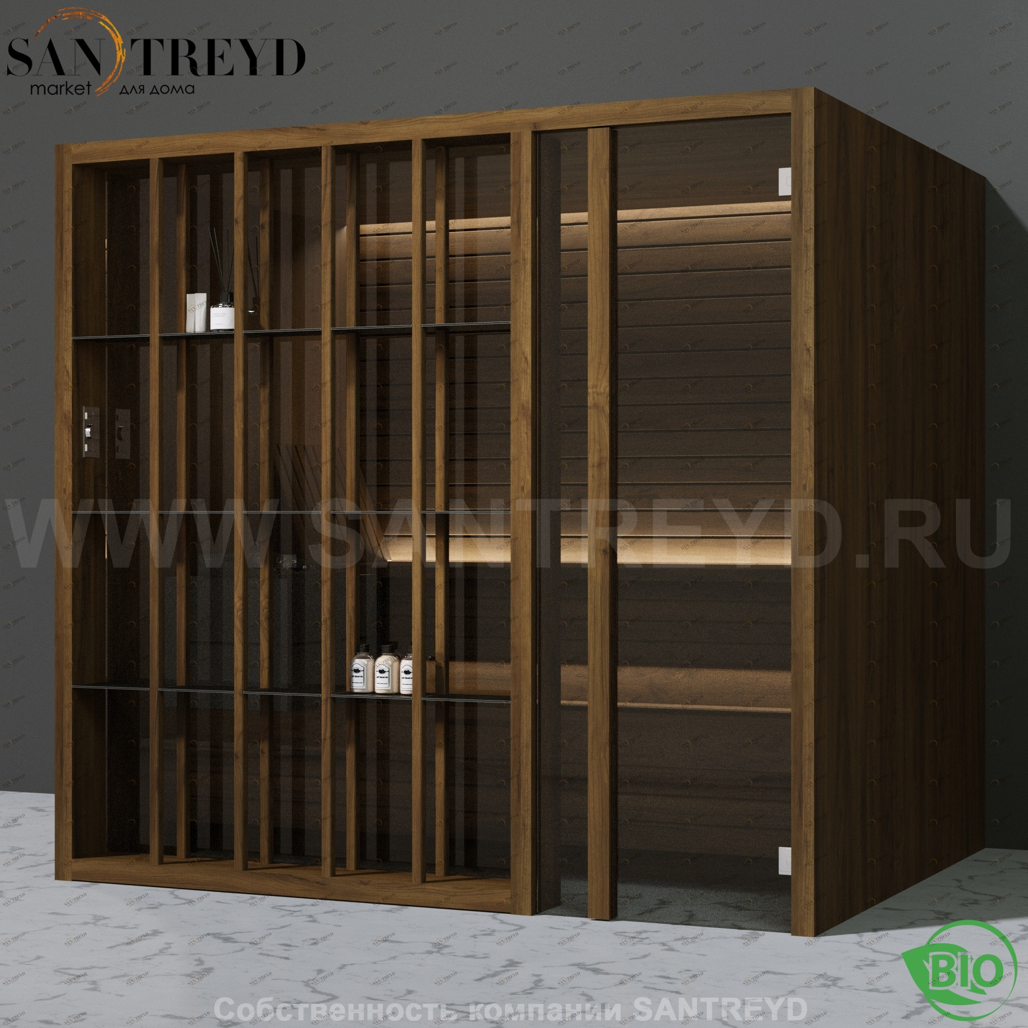 Effegibi YOKU.S105 BI.70100001 Био-сауна с правой дверью. Мощность: 12 кВт макс. Размеры: длина 230 см, ширина 200 см. Отделка: чёрный орех BI70100001