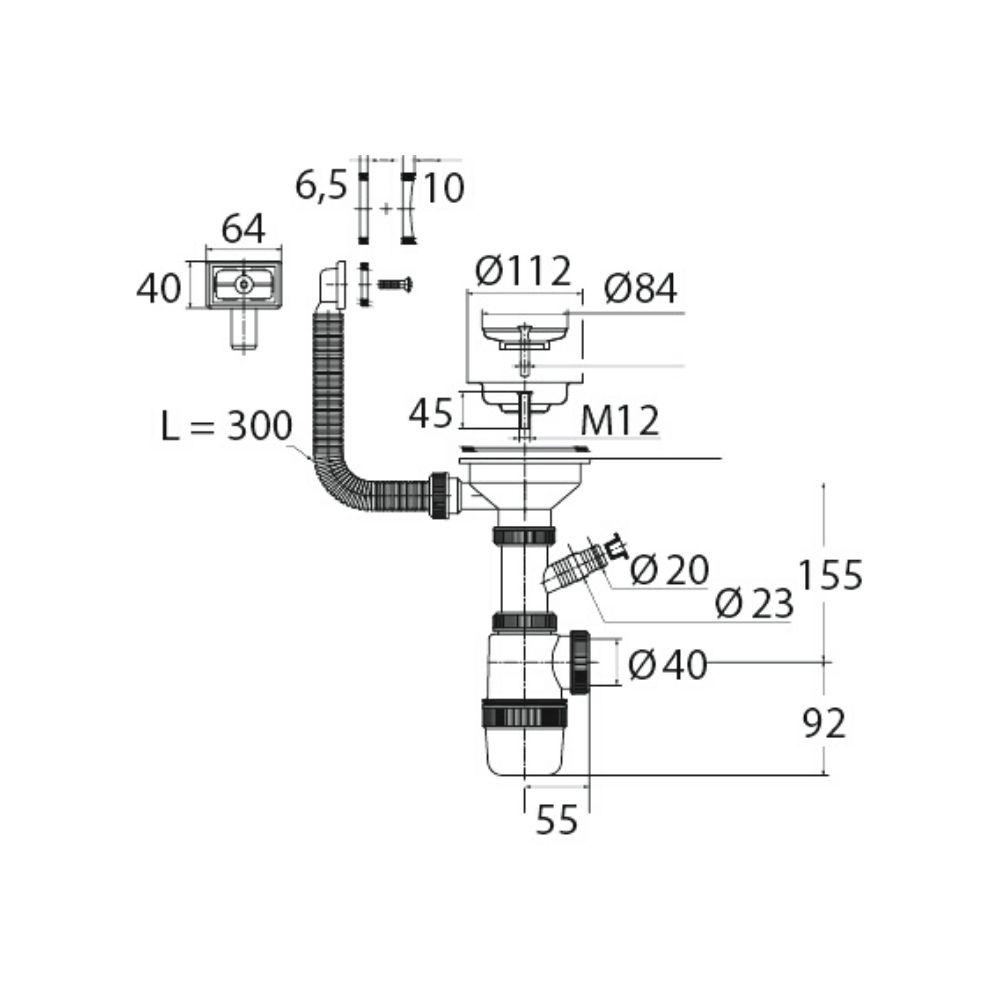 Сифон "Элит" (30986176)  с нерж.чаш. д.112мм, отводом для ст/ми переливом (3?"- ?40) 30986176 Santreyd  - Вид №1