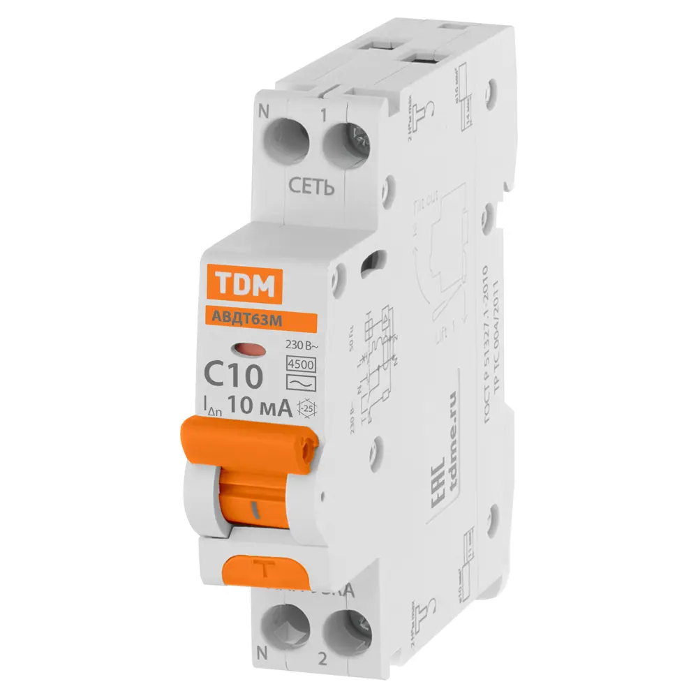 Дифференциальный автомат TDM Electric 63М 2P C10А 10мА 4.5кА 89347140 STLM-1458812