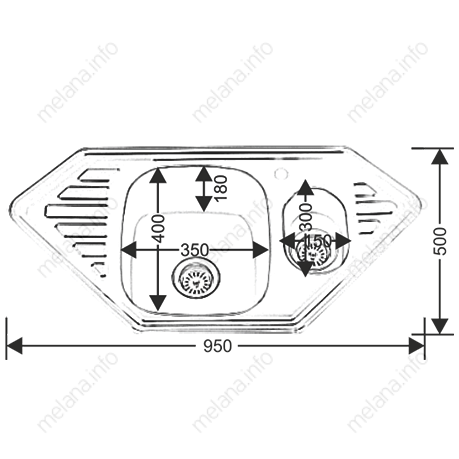 Мойка 9550C MELANA 0,8/180 1,5-я чаша врезная угловая с сифоном (222 С t *7) 222 C t (*7) - Вид №3