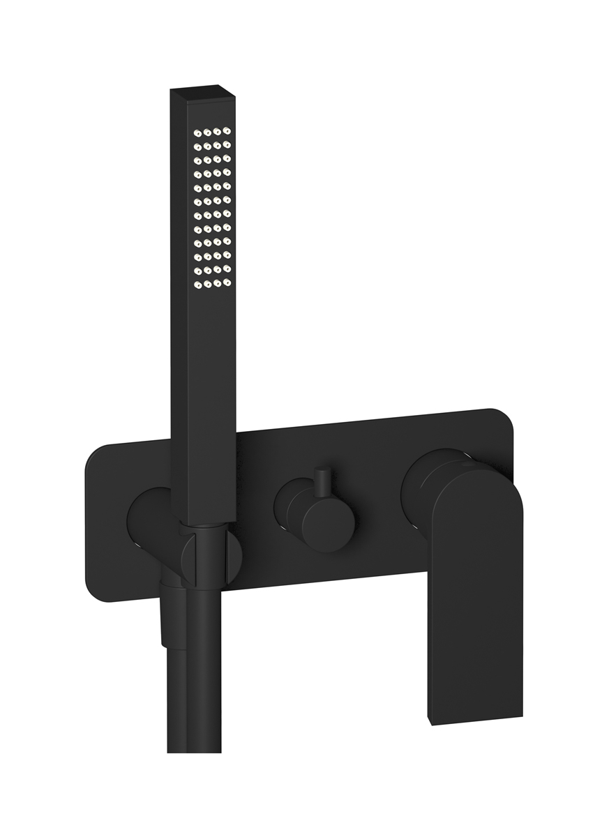 Внешние части встроенного в стену смесителя на 3 потребителя в комплекте с душевым гарнитуром. WE ARE IB k3314np Matt Black K3