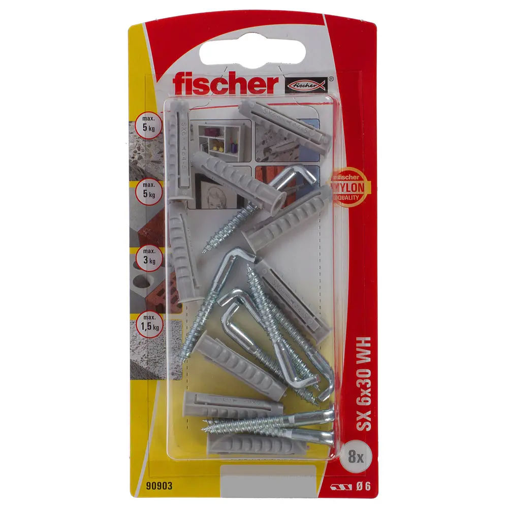 Дюбель для полнотелых материалов Fischer SX с прямым крюком, 6x30 мм нейлон/оцинкованная, сталь, 8 шт. 12469762 STLM-2093945  - Вид №3