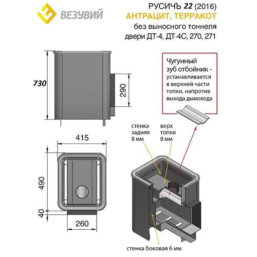 Печь для бани Везувий Русичъ Антрацит 22 (ДТ-4) 2016 без выноса 97 - Вид №1
