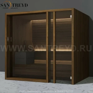 Effegibi YOKU.G105 SA.70300001 Сауна с правой дверью. Мощность: 10,5 кВт макс. Размеры: длина 230 см, ширина 200 см. Отделка: чёрный орех