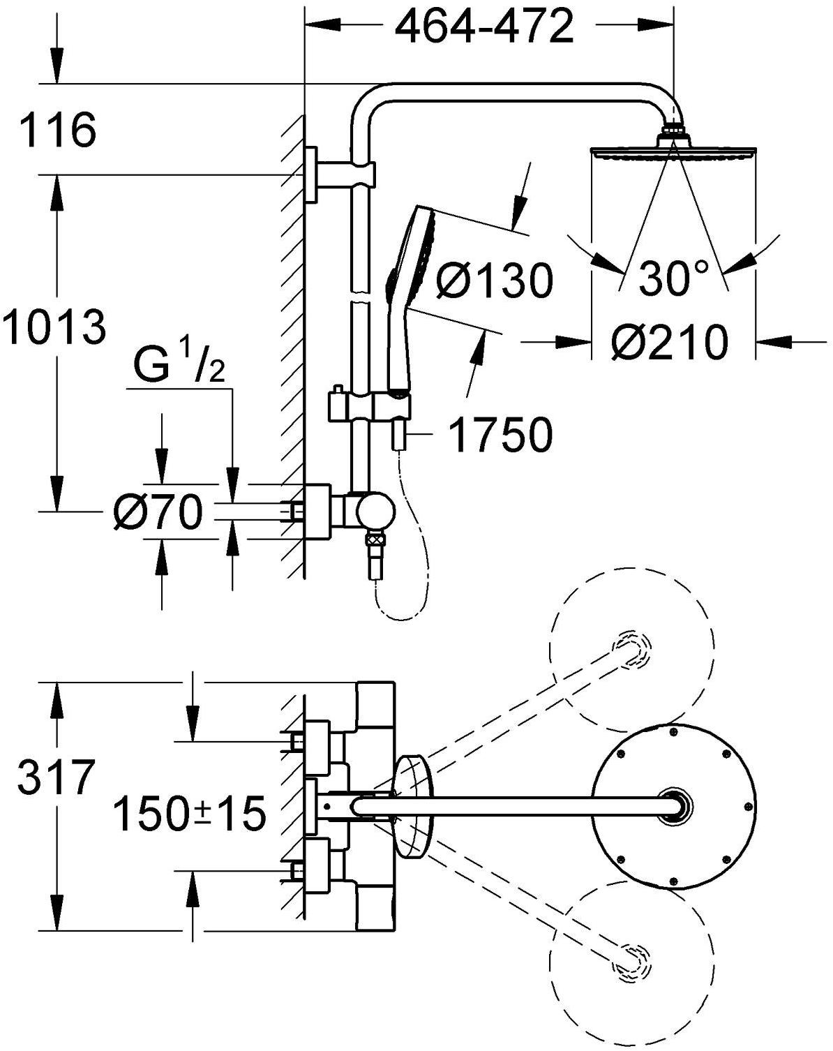 Душевая система GROHE Rainshower 210 с термостатическим смесителем, хром (27967000) - Вид №1