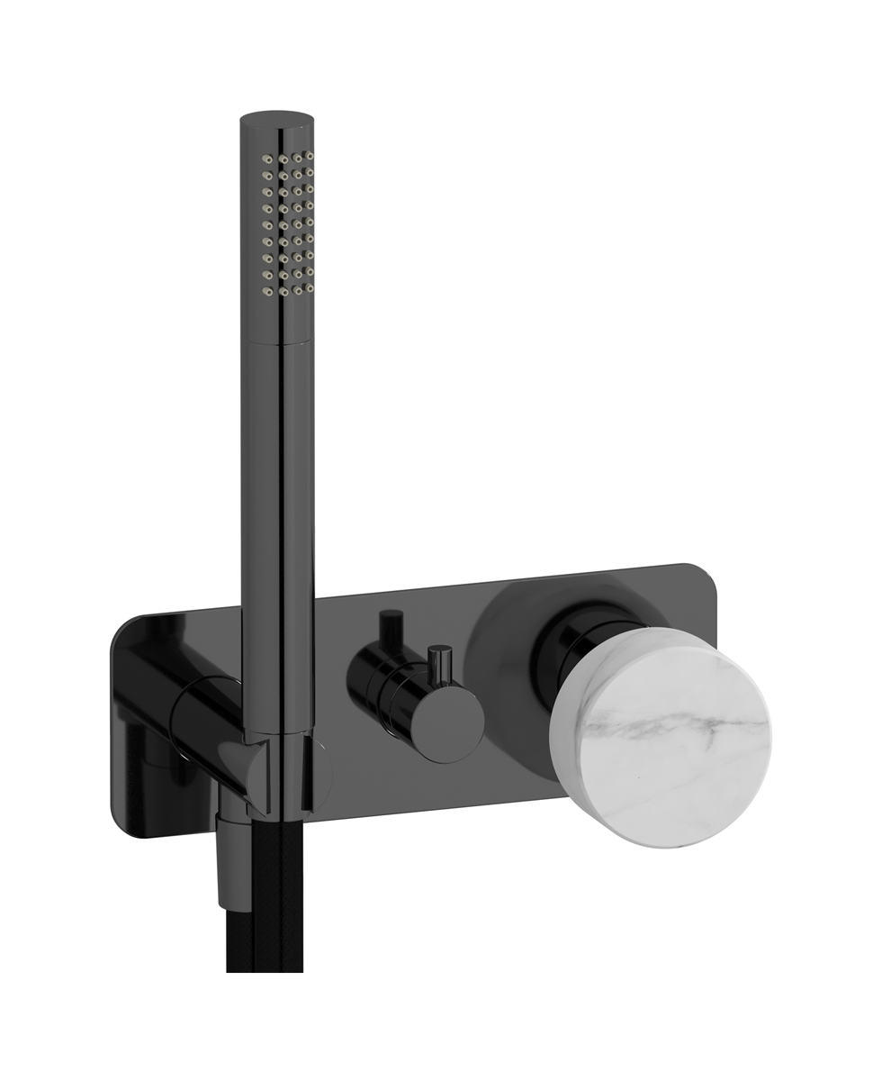 Внешние части встроенного в стену смесителя на 2 потребителя в комплекте с душевым гарнитуром. WE ARE IB mr313cf_1 Black Chrome Marmo