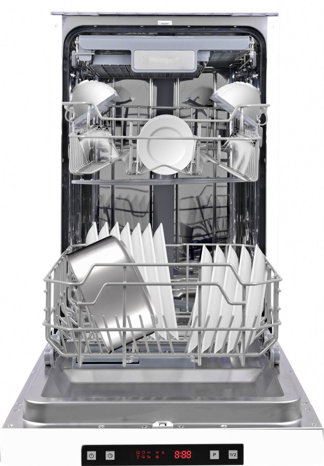 DW 4035 Узкая отдельностоящая посудомоечная машина, 45см, 10 комплектов, 6 программ, 1/2 загрузка, дисплей, защита от протечек, расход 9л, белая Weissgauff Santreyd  - Вид №5