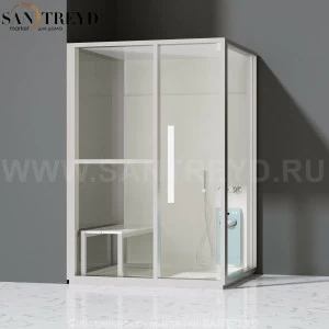 Effegibi H MEDIUM LO81020004 Комбинированная баня: хаммам и душ. Установка: в левый угол. Левая дверь. Мощность: 3 кВт макс. Размеры: длина 152 см, ширина 102 см. Отделка: матовый лакированный белый аллюминий и серый ламинат из керамогранита.