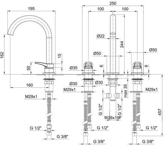 ABOUTWATER Смеситель для раковины на 3 отверстия Al/23 sun-id-1470212 - Вид №3