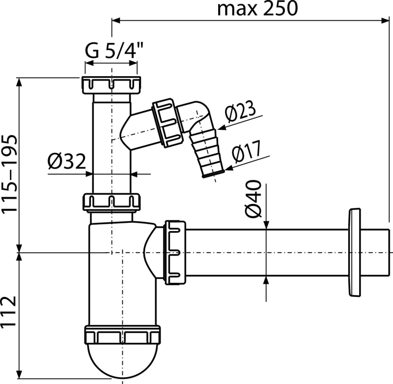Сифон для умывальника DN40 со штуцером и накидной гайкой 5/4" ALCAPLAST A43P - Вид №1