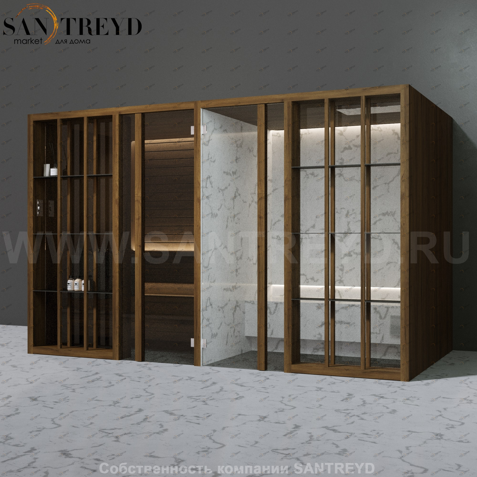 Effegibi YOKU.S SH YO.10310004 Комбинированная баня: хаммам и сауна. Установка: к стене Мощность: 10,5 кВт макс. Размеры: длина 342 см, ширина 170 см. Отделка: чёрный орех и светлый керамогранит YO10310004