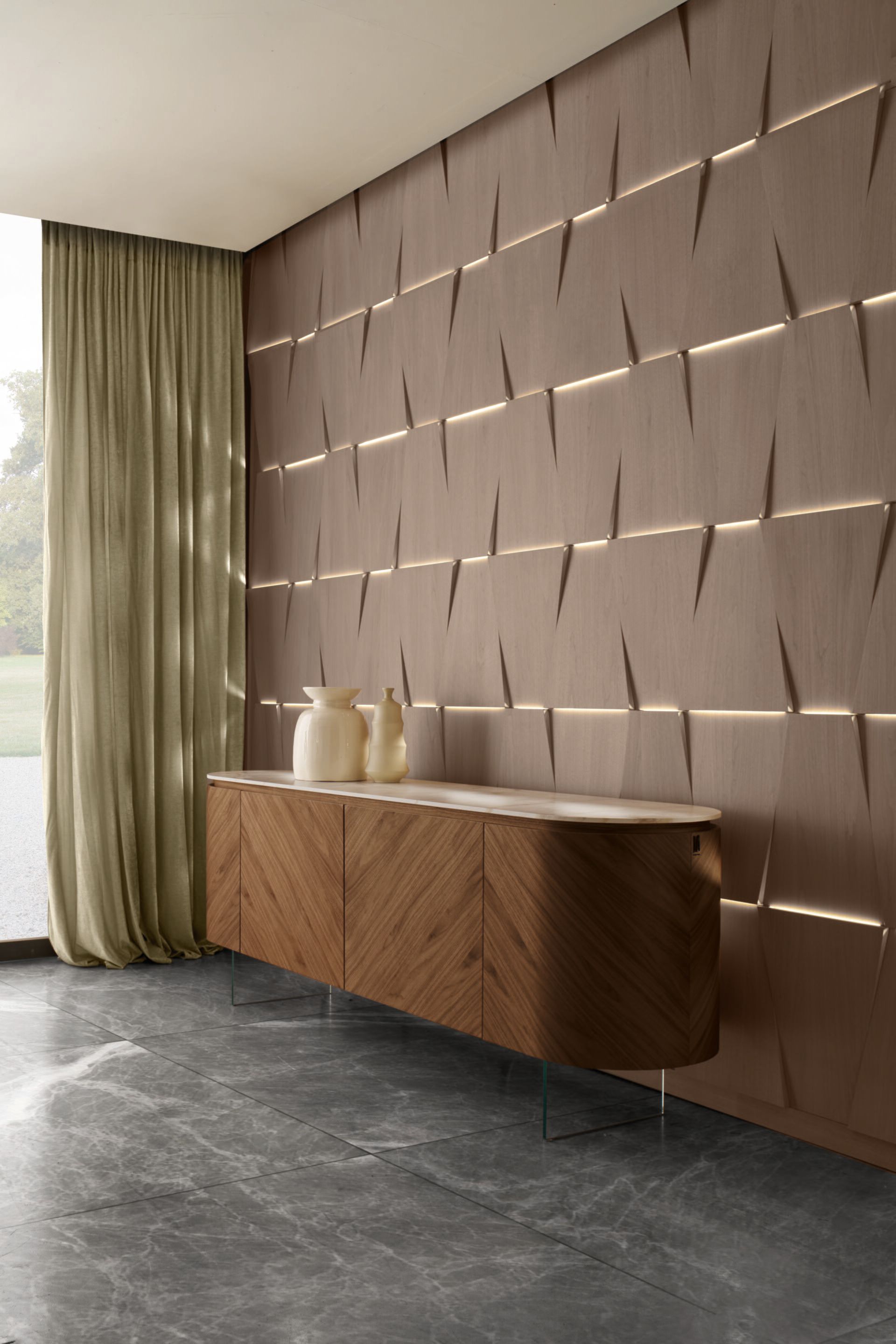 Обшивка из ореха canaletto со встроенным освещением и 3D-эффектом Modesign Brera ARCH-00018697 - Вид №1