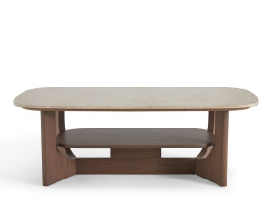 Деревянный прямоугольный журнальный столик с травертиновой столешницей