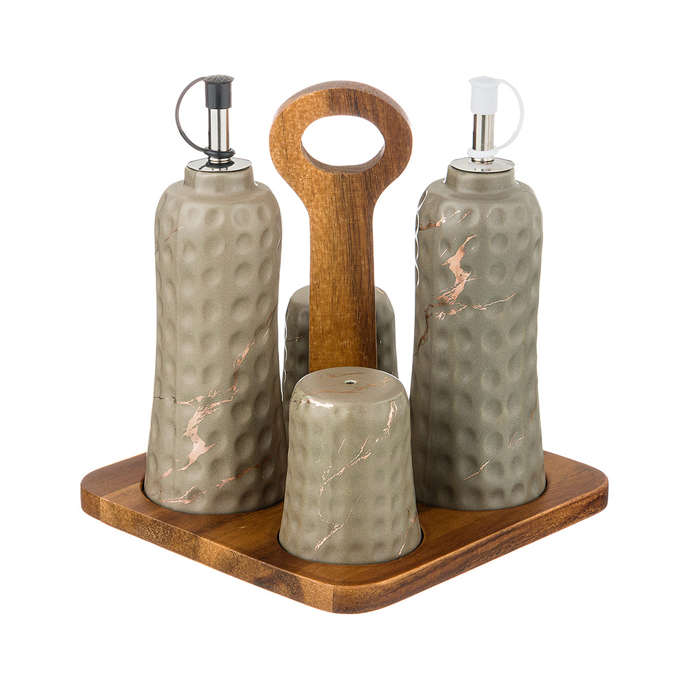 412-119 Посуда фарфоровая Набор для специй 4 предмета на деревянной подставке коллекция золотой мрамор Lefard 