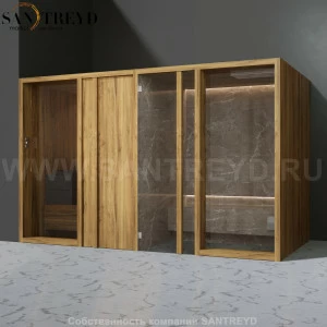 Effegibi YOKU.D SH YO.20220003 Комбинированная баня: хаммам и сауна. Установка: в левый угол. Мощность: 10,5 кВт макс. Размеры: длина 342 см, ширина 170 см. Отделка: термообработанное дерево и темный керамогранит