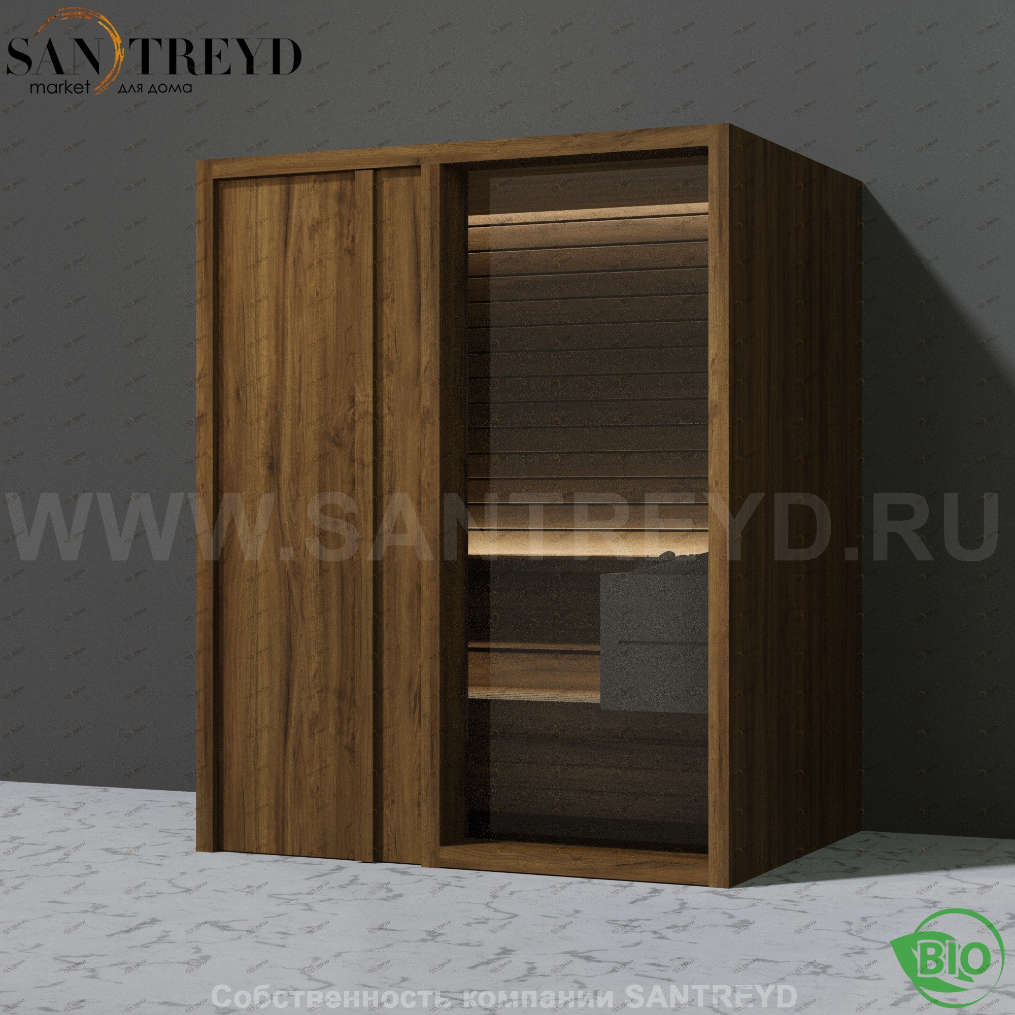 Effegibi YOKU.D45 BI.70200020 Био-сауна с левой дверью. Мощность: 4,5 кВт макс. Размеры: длина 174 см, ширина 132 см. Отделка: чёрный орех BI70200020