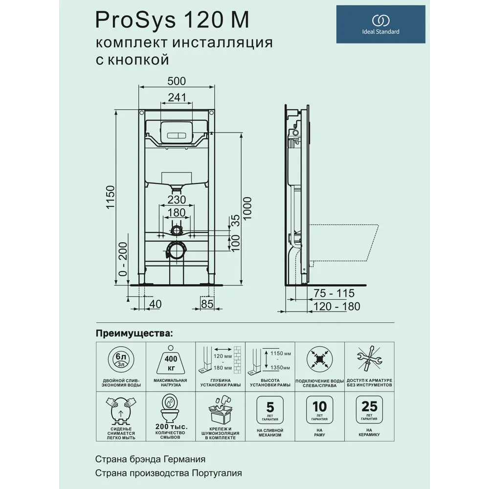 Инсталляция для подвесного унитаза Ideal Standard ProSys 120 M с кнопкой 86126371 STLM-2191448  - Вид №4