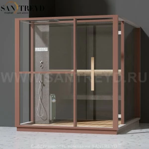 Effegibi LOGICA H LO30030014 Хаммам. Установка: в левый  полуугол. Левая дверь. Мощность: 4,5 кВт макс. Размеры: длина 214 см, ширина 250 см. Отделка: матовый лакированный коричневый аллюминий и темный ламинат из керамогранита.