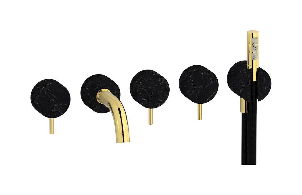 Настенный смеситель для ванной на 5 отверстий с дивертером и душевым гарнитуром. WE ARE IB mr398oo_2 Gold Marmo